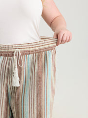 Cotton Striped Drawstring Wide Leg Pants