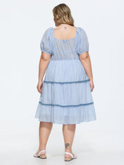 Gingham Print Color Contrast Tiered Midi Dress