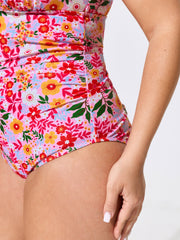 Floral Print Ruffled Neckline One-Piece Swim