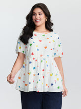 Supersoft Colorful Hearts Tiered Round Neck Blouse