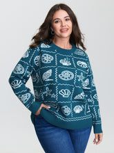 Ocean Pattern Jacquard Ribbed Hem Pullover