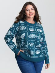 Ocean Pattern Jacquard Ribbed Hem Pullover