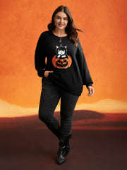 Embroidered Cat In Pumpkin Crew Neck Pullover