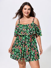 Floral Ruffle Trim Off Shoulder Pockets Swim Dress