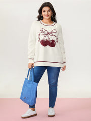 Cherry Pattern Jacquard Color Contrast Pullover