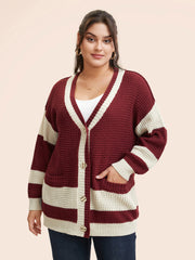Colorblock Contrast Textured Patched Pocket Cardigan
