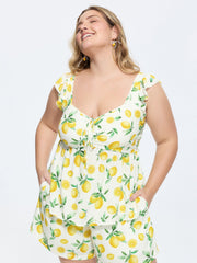 Hand Painted Lemon Print Ruched Blouse