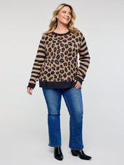 Leopard Pattern Jacquard Stripe Pullover