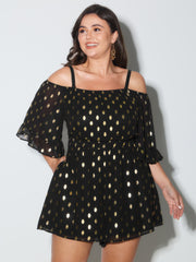 Gold Stamped Polka Dots Off-Shoulder Romper