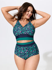 Colorful Floral Print Surplice Neckline Swim Top