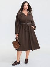 Plain Cinched-Waist Pockets Midi Dress