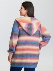 Textured Color Contrast Pocket Hooded Knit Cardigan