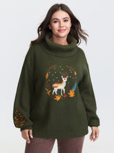 Turtleneck Deer Embroidery Knit Pullover