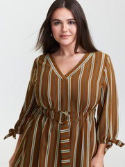 Striped V-Neck Belted Midi Dress