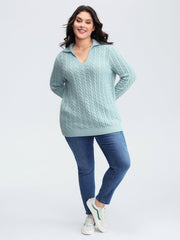 Textured Polo Collar Cable Knit Pullover