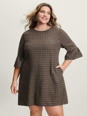 Yarn-Dyed Flared Sleeve A-Line Knee-Length Dress