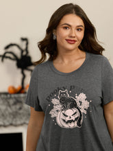 Stretch Heather Retro Cat On Pumpkin Print T-Shirt