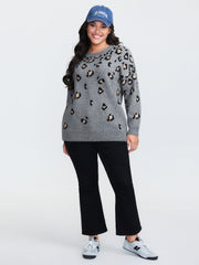Leopard Pattern Jacquard Ribbed Hem Pullover