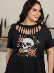 Skull Pumpkin Print Cutout Neck T‑Shirt