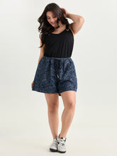 Paisley Print Drawstring Straight-Leg Denim Shorts