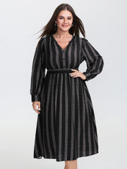 Monochrome Stripe Button Detail Midi Dress