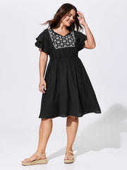 Boho Embroidered Ruffle Sleeve Mini Dress