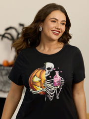 Halloween Pumpkin Skull Print Curved Hem T‑Shirt