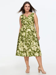Tropical Print Cinched-Waist Sleeveless Mini Dress