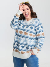 Ocean Pattern Jacquard Ribbed Hem Pullover