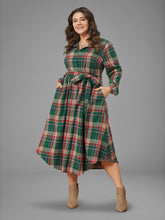 Plaid Button Detail Pocket Belted Arc Hem Midi Dress