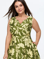 Tropical Print Cinched-Waist Sleeveless Mini Dress
