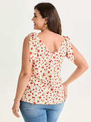 Floral Print Bowknot Shoulder Tank Top