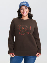 Stretchy Puppy Pattern Embroidered Contrast Pullover