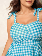 Checkered Twist Front Flared Swim Top