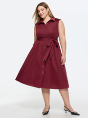Elegant Waist-Tie Button Detail Midi Dress