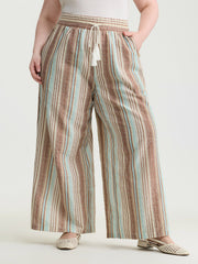 Cotton Striped Drawstring Wide Leg Pants