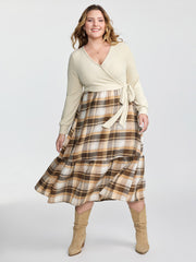 Plaid Contrast Wrap Neckline Midi Dress