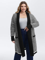 Color Contrast Trim Textured Pocket Knit Cardigan