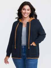 Contrast Hooded Zipper Front Pocketed Cardigan