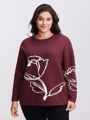 Rose Pattern Jacquard Round Neck Pullover