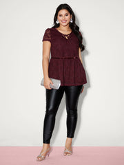 Textured Neck-Tie Cinched-Flared Blouse