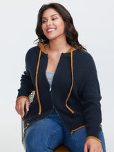 Contrast Hooded Zipper Front Pocketed Cardigan