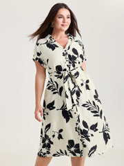 Monochrome Floral Print Collared Midi Dress
