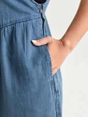 Pleated Adjustable Overall Straps Denim Jumpsuit