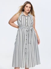 Striped Print Sleeveless Shirt Midi Dress