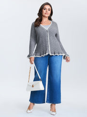 Textured Color Contrast Ruffled Hem Knit Cardigan