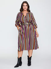 Autumn Stripe Print Belted Waist Midi Dress