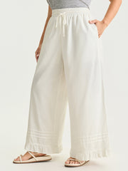 Cotton Drawstring Waist Semi-Sheer Straight Pants