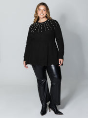 Pearl Detail Cinched-Waist A-Line Pullover