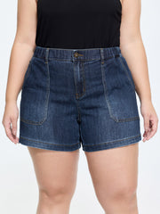 Stretchy Medium Wash Rubber Waist Denim Shorts